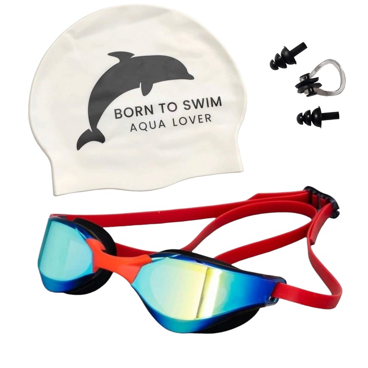 Комплект професионални очила за плуване, бяла каска, клещи за нос и тапи за уши, универсален размер, унисекс, червени