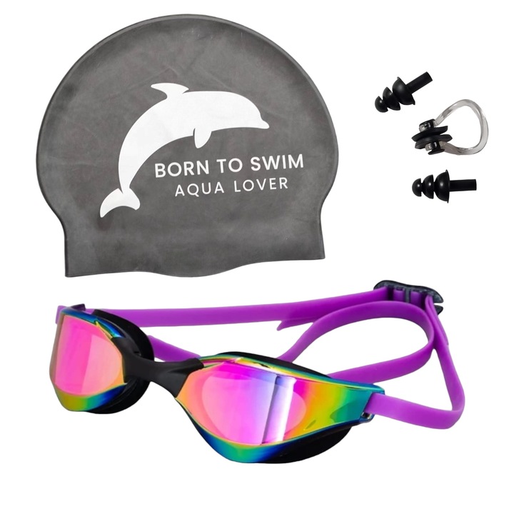 Комплект професионални очила за плуване, черна каска, щипка за нос и тапи за уши, универсален размер, унисекс, лилаво