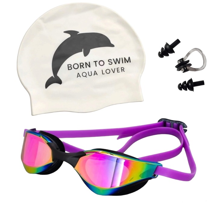 Комплект професионални очила за плуване, бяла каска, клещи за нос и тапи за уши, Универсален размер, Унисекс, Лилаво