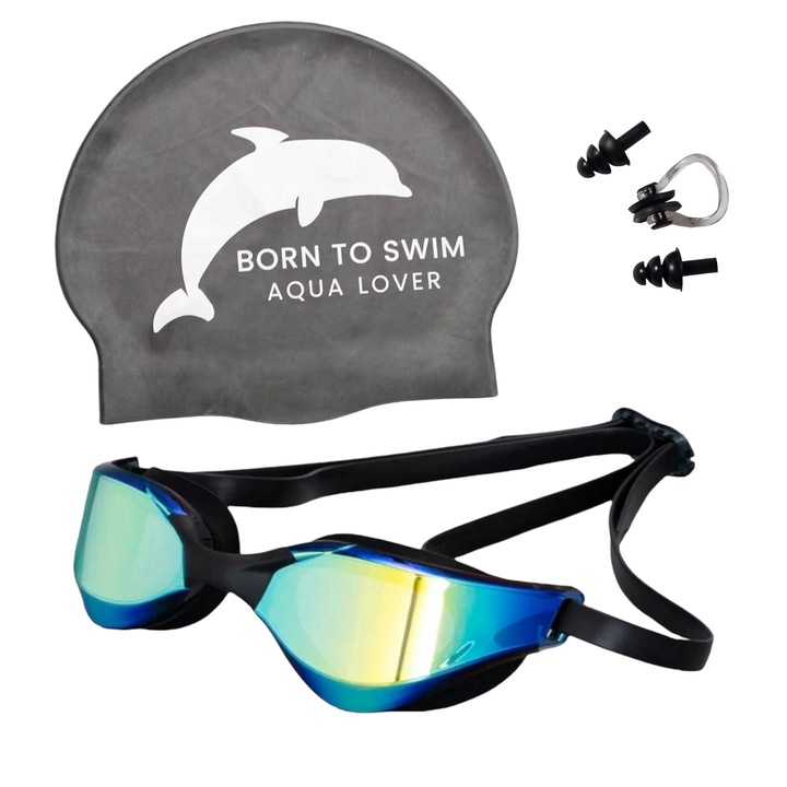 Комплект професионални очила за плуване, черна каска, щипка за нос и тапи за уши, универсален размер, унисекс, черни