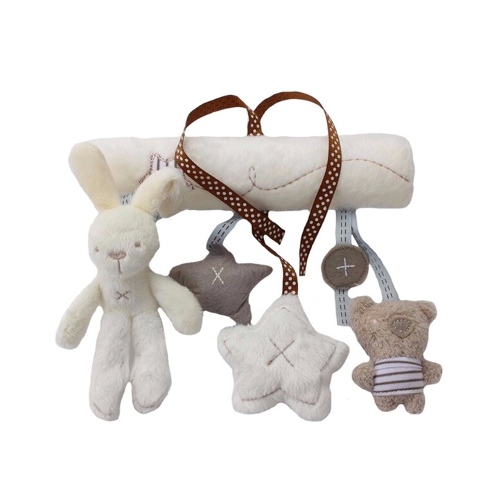 Pandantiv pentru carucior sau patut cu animalute din plus, gri cu alb