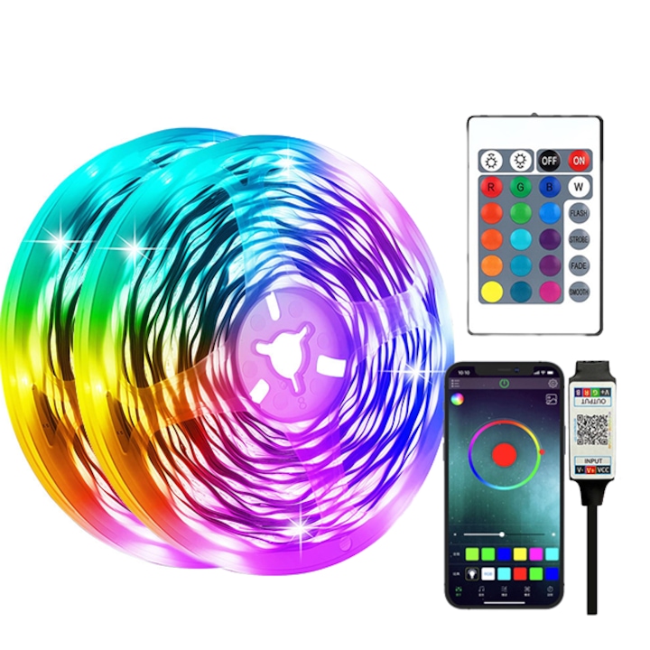 Banda LED 5050 RGB, Sovel, Control din aplicatie Bluetooth, Telecomanda cu 24 de Butoane, Banda Adeziva, Intensitate Lumina Reglabila, Lungime 10 metri ( o singura rola )