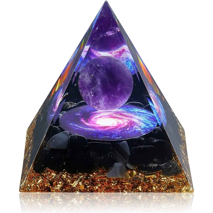 Piramida Orgonica cu cristale vindecatoare de Ametist, Obsidian, foita aurie, rasina naturala si sfera din cristal ametist 8 cm – pentru energie pozitiva si reducerea stresulu