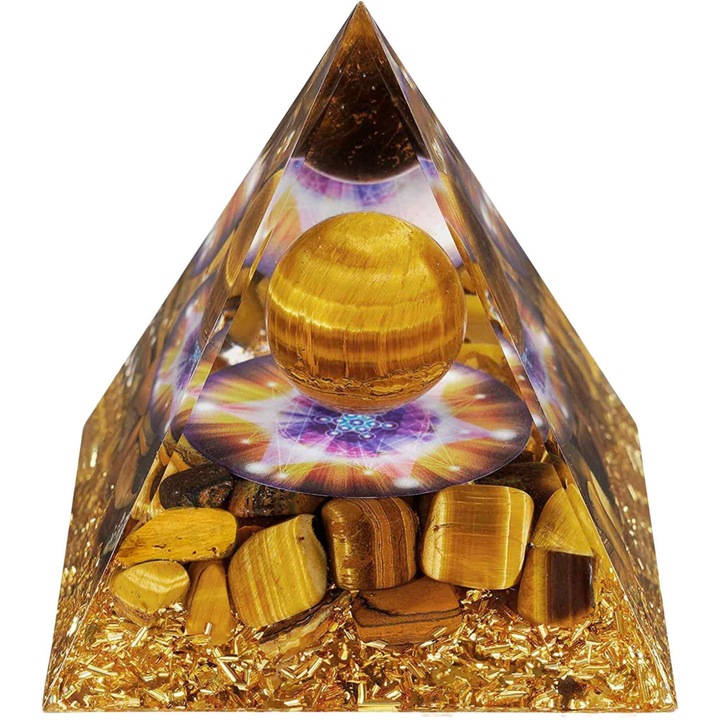 Piramida Orgonica 8 cm cu Sfera si cristale Ochi de Tigru: Atrage Abundenta si Energie Pozitiva in Viata Ta