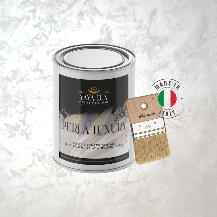 Set, Vopsea Decorativa, Perla Luxury, cu Fulgi Perlati, Alb Perlat 1 L si Pensula 70 mm, YaYa Color