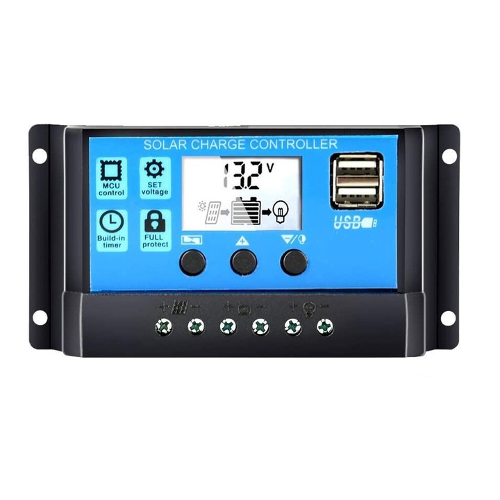 Controler PWM, Regulator Solar 30A 12v/24v, LCD, USB, Albastru