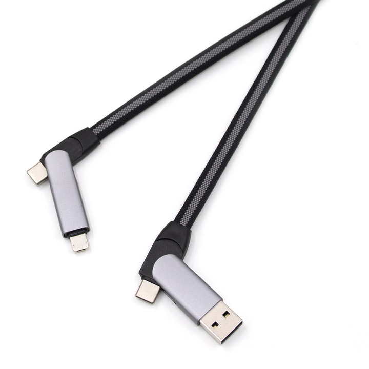 Cablu de date, 3A, Fast Charge, 6 in 1, 1m, USB- Type C, Micro, iOS, Negru