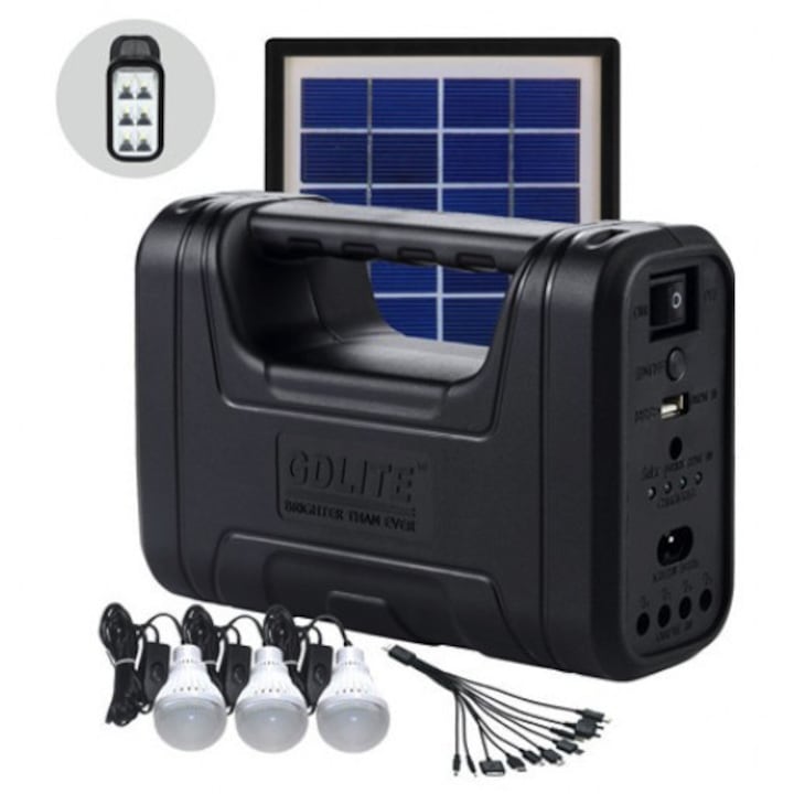 Kit solar GD-Lite 8017 dotat cu dispozitive USB cu 3 becuri LED si acumulator