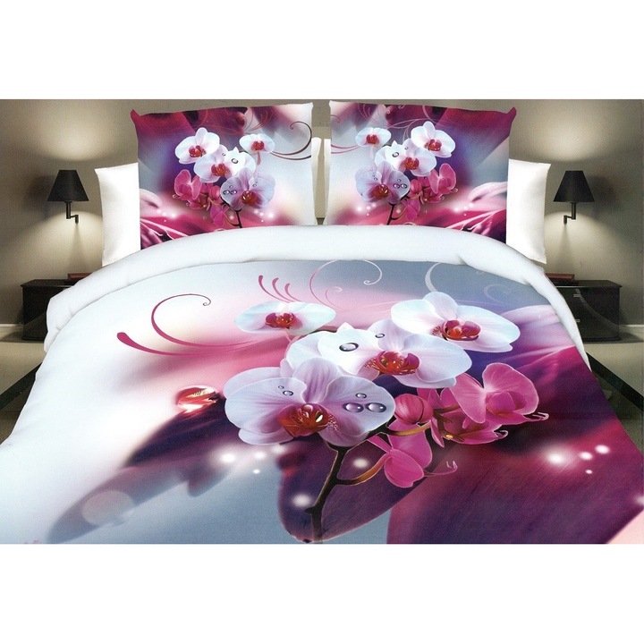 Двойно спално бельо, 3D печат на орхидеи, 4 части, 2 лица, 220x240см, Сатениран памук, Лилаво