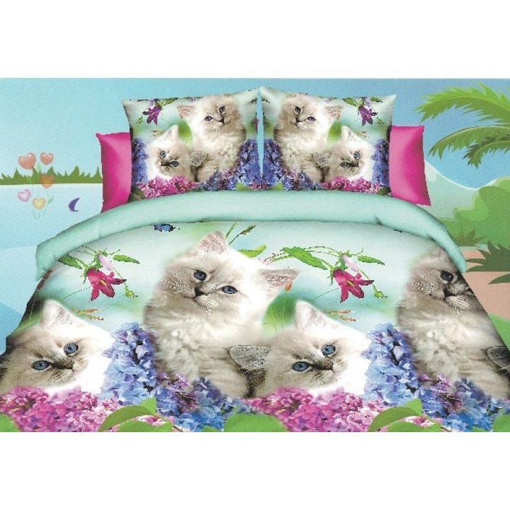 Lenjerie pat dublu, print 3D pisicute si flori, 4piese, 2persoane, 220x240cm, Bumbac Satinat, Multicolor