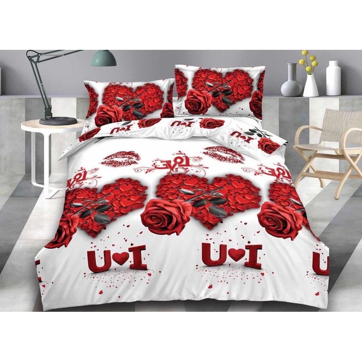 Двойно спално бельо, 3D принт сърце, 4 части, 2 лица, 220x240 см, Сатениран памук, червено бяло