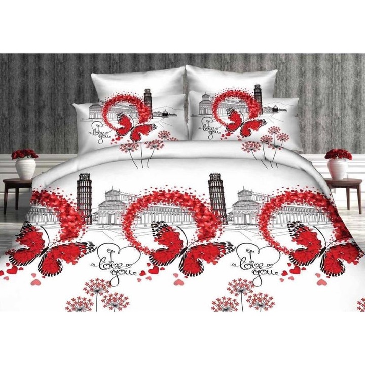 Двойно спално бельо, 3D печат на пеперуди, 4 части, 2 лица, 220x240 см, Сатениран памук, червено бяло