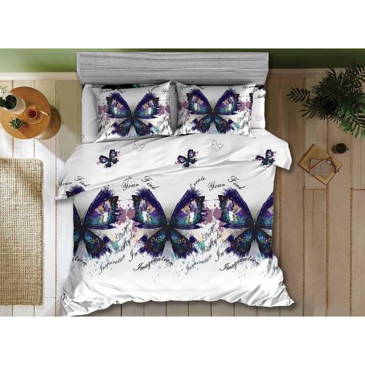 Lenjerie pat dublu, print 3D fluturi, 4piese, 2persoane, 220x240cm, Bumbac Satinat, alb multicolor