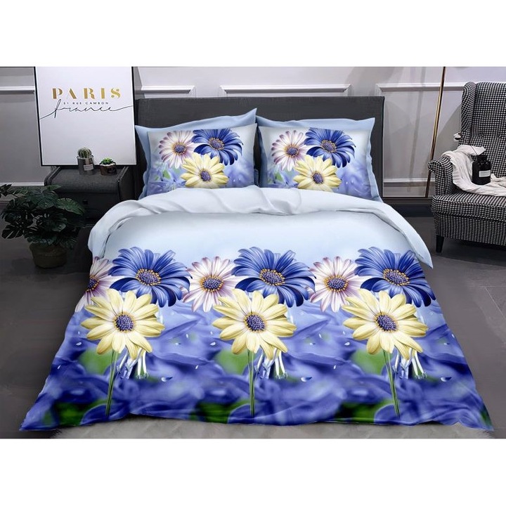 Двойно спално бельо, 3D принт сини и бели цветя, 4 части, 2 лица, 220x240см, Сатениран памук, синьо