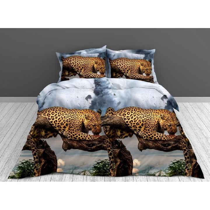 Двойно спално бельо, 3D леопардов принт, 4 части, 2 лица, 220x240см, Сатениран памук, многоцветен