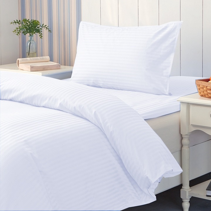 Lenjerie cu elastic la cearsaf pat Damasc Policoton dunga 1 cm, pentru saltea 90 sau 100x200 cm, cearsaf pilota 140x220 cm, fata perna 50x70 cm Alb