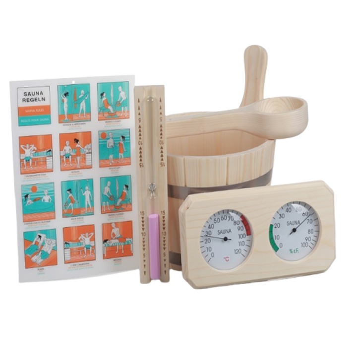 Set accesorii sauna din pin cu termo-higrometru dreptunghiular