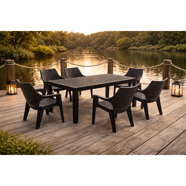Set masa cu 6 scaune, pentru terasa si gradina, IdealStore, premium, 140x80x75 cm, masa dreptunghiulara cu orificiu umbrela, scaune din plastic rezistent, model ratan, rezistent UV, apa, umezeala, inghet sau temperaturi mari, usor de depozitat, max 120 kg