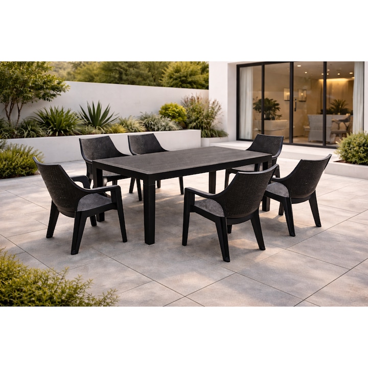 Set masa cu 6 scaune, pentru terasa si gradina, IdealStore, premium, 140x80x75 cm, masa dreptunghiulara cu orificiu umbrela, scaune din plastic rezistent, model ratan, rezistent UV, apa, umezeala, inghet sau temperaturi mari, usor de depozitat, max 120 kg