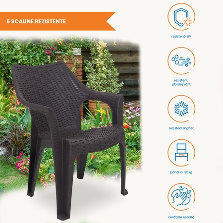 Set masa cu 6 scaune, pentru terasa si gradina, IdealStore, premium, 140x80x75 cm, masa dreptunghiulara cu orificiu umbrela, scaune din plastic rezistent, model ratan, rezistent UV, apa, umezeala, inghet sau temperaturi mari, usor de depozitat, max 120 kg