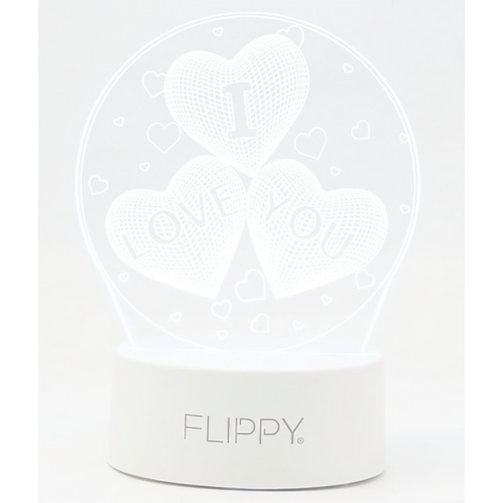 Dekoratív LED lámpa, Flippy, 3D, "I love you" szöveggel, két USB tápmóddal és elemekkel, 20 cm magas, akril anyagból és sokszínű fényből, fehér