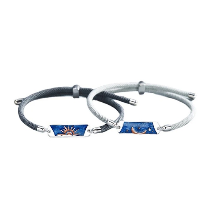 Set bratari cuplu, reglabile, accesoriu soare si luna, unisex, gri, EFAYN