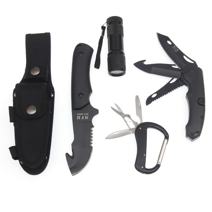 Set Cutit lama 10.2cm, Briceag lama 8.3cm, Lanterna, accesorii Outdoor Black MFH 45451A