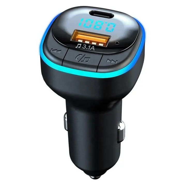 Modulátor FM rádió, Kubetron, Bluetooth, MP3 lejátszó, többszínű LED, töltés 22,5 W, USB-A, USB-C, fekete