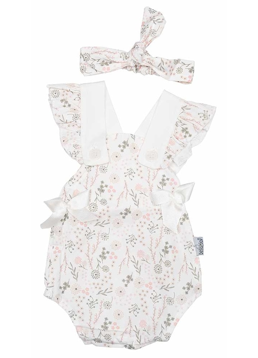 Compleu bebe salopeta si bentita Flowers, Motat, kaki, bumbac organic, Kaki, 62-68 CM