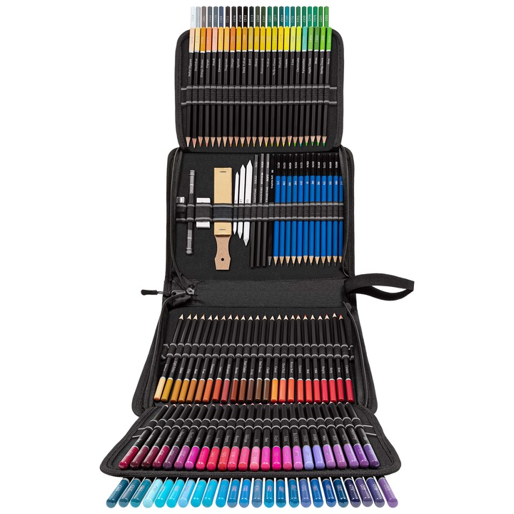 Set profesional de creioane colorate cu accesorii pentru desen si schite, RAGI, 144 de piese