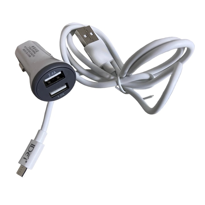 Androiddal kompatibilis microusb adatkábel és autós töltő készlet, 1m, 2.1A, fehér 061451