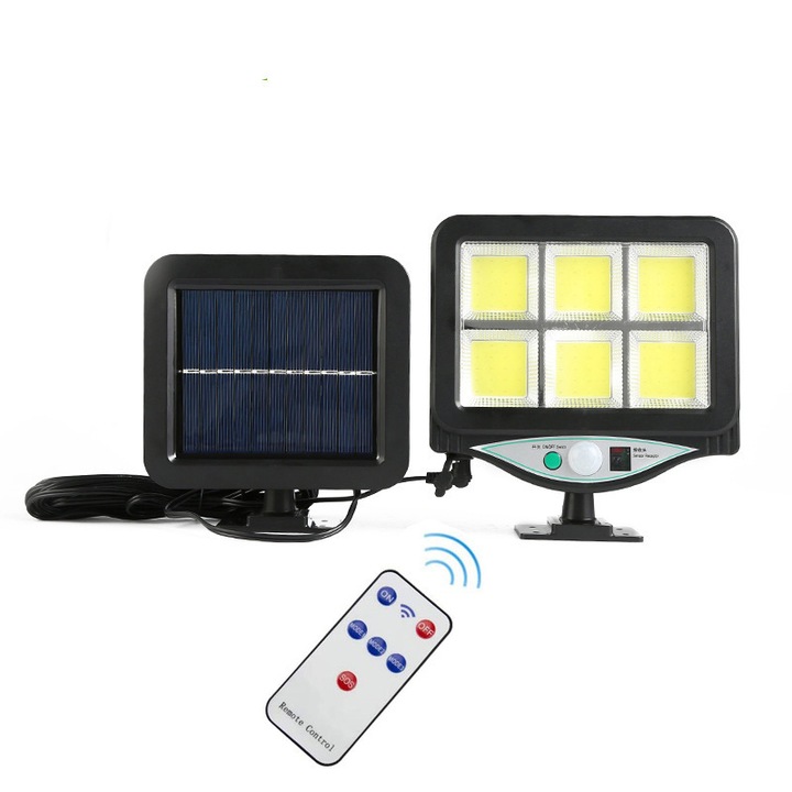Lampa solara cu 6 LEDURI COB si panou solar, pentru exterior, senzor de miscare, telecomanda, Rezistenta la apa, IP67