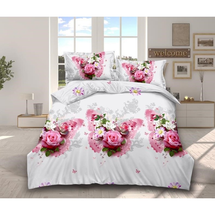 Двойно спално бельо, 3D печат на пеперуди и цветя, 4 части, 2 лица, 220x240 см, Сатениран памук, розово бяло