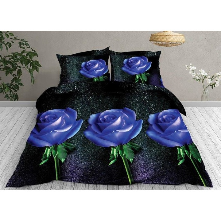 Двойно спално бельо, 3D принт синя роза, 4 части, 2 лица, 220x240см, Сатениран памук, тъмносиньо