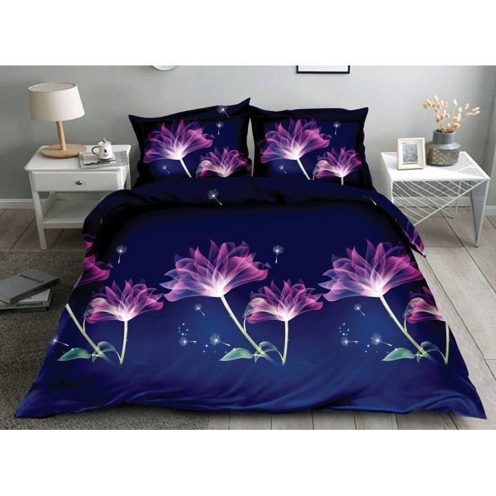 Двойно спално бельо, 3D принт лилави цветя, 4 части, 2 лица, 220x240 см, Сатениран памук, тъмносиньо