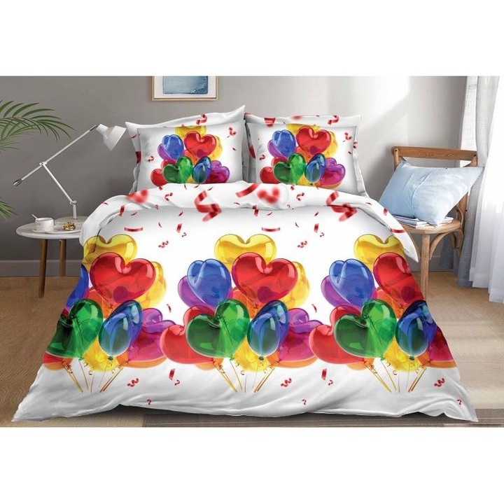 Lenjerie pat dublu, print 3D baloane inimi, 4piese, 2persoane, 220x240cm, Bumbac Satinat, alb multicolor