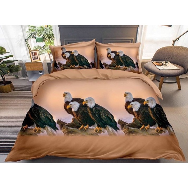 Lenjerie pat dublu, print 3D vulturi, 4piese, 2persoane, 220x240cm, Bumbac Satinat, bej