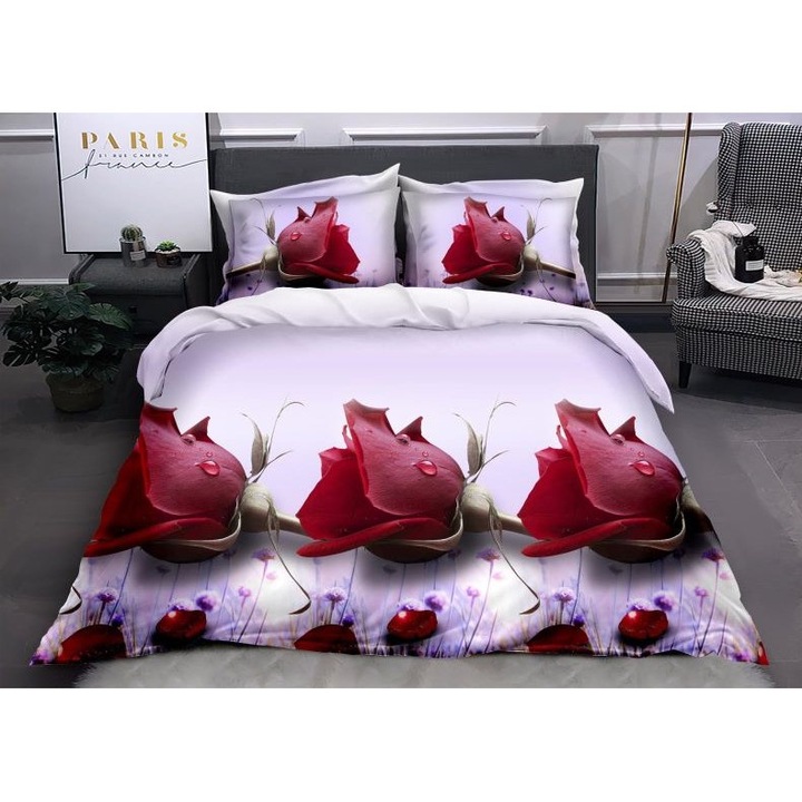 Двойно спално бельо, 3D принт червени рози, 4 части, 2 лица, 220x240см, Сатениран памук, бял принт