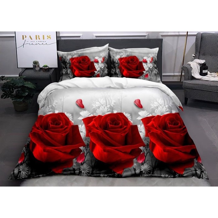 Двойно спално бельо, 3D дигитален печат на рози, 4 части, 2 лица, 220x240см, Сатениран памук, бял печат