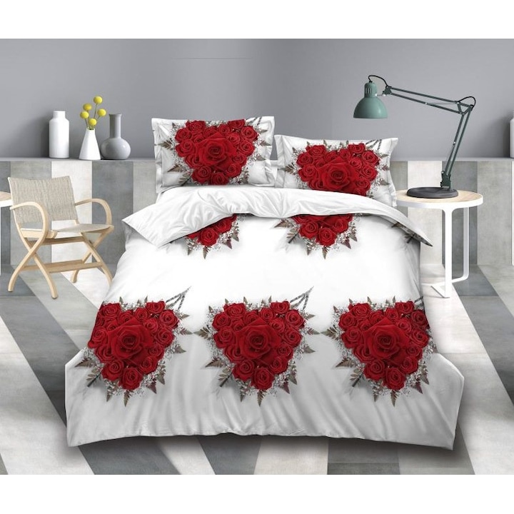 Двойно спално бельо, 3D принт сърце от рози, 4 части, 2 лица, 220x240 см, Сатениран памук, червено бяло