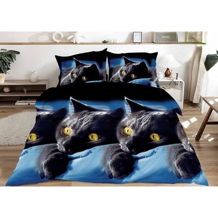 Двойно спално бельо Pucioasa, 3D котешки принт, 4 части, 2 лица, 220x240 см, Сатениран памук, синьо черно