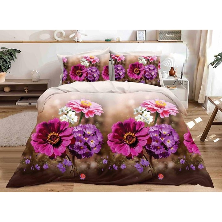 Двойно спално бельо, Pucioasa, 3D печат на диви цветя, 4 части, 2 лица, 220x240 см, Сатениран памук, многоцветни