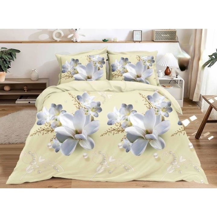 Lenjerie pat dublu, Pucioasa, print 3D digital flori albe, 4piese, 2persoane, 220x240cm, Bumbac Satinat, ivoire multicolor