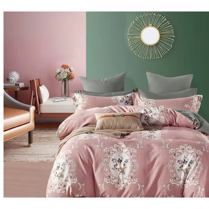 Lenjerie de pat dublu 2 persoane, 6 piese, bumbac, 230 x 200 cm, Roz cu Imprimeu Abstract