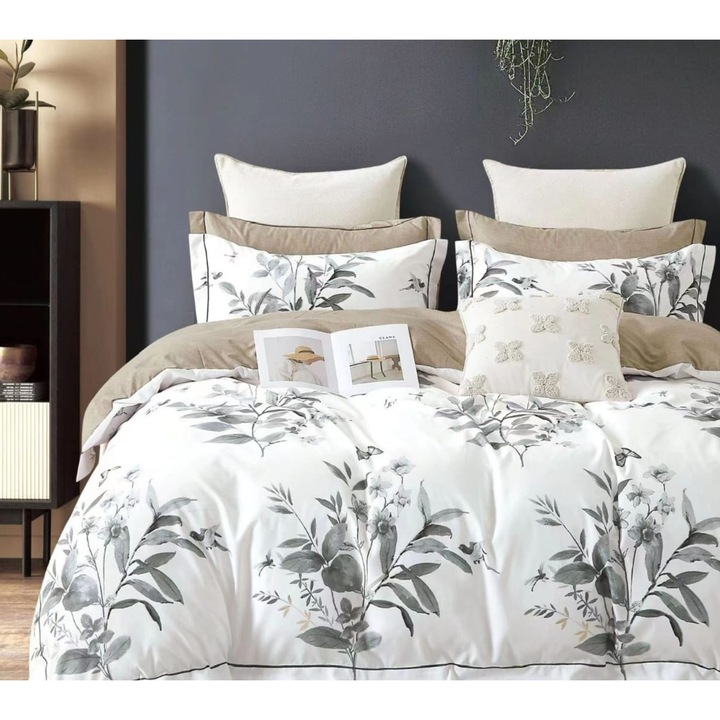 Двойно спално бельо, 6 части, памук, 230 x 200 см, Бяло, Сив флорален десен