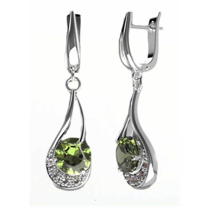 Дамски Висящи Обеци A-B, Циркони, Молдавит, Сребро 925