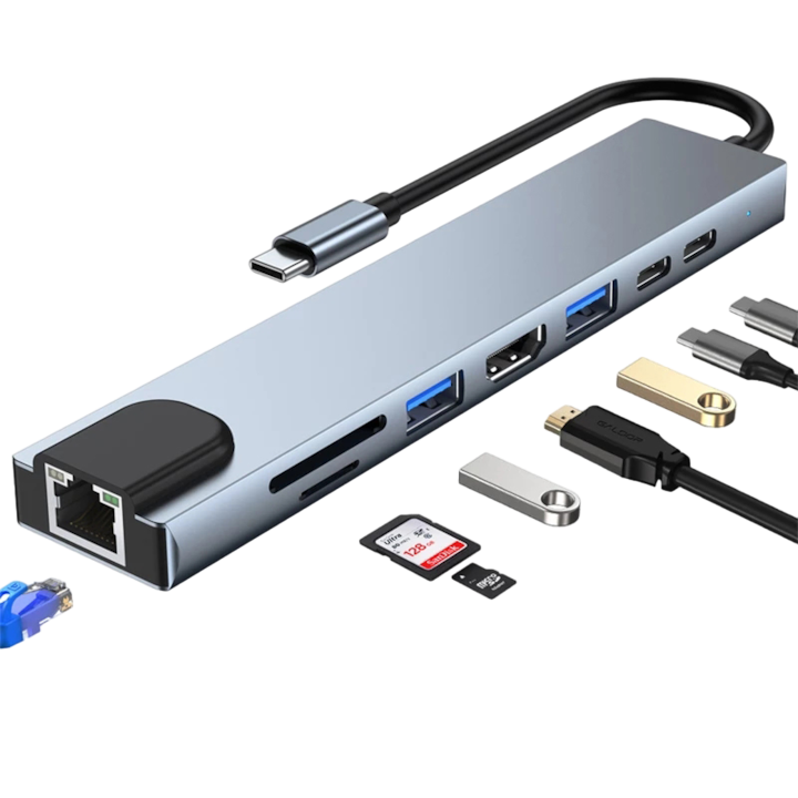 Hub Adaptor Multiport 8 in 1 USB-C 3.1 Staryon® la HDMI 4K / LAN RJ45 Ethernet / Type C Port / USB 3.0 / Power Delivery Port 87W / TF si SD Card Reader, Docking Station pentru Laptop, MacBook Air/Pro, Chromebook, Tableta, Gri
