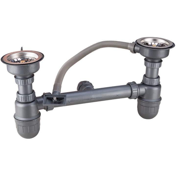 Sifon cu Ventil si Preaplin Dublu Chiuveta Inox Sita, 32 x 90 mm