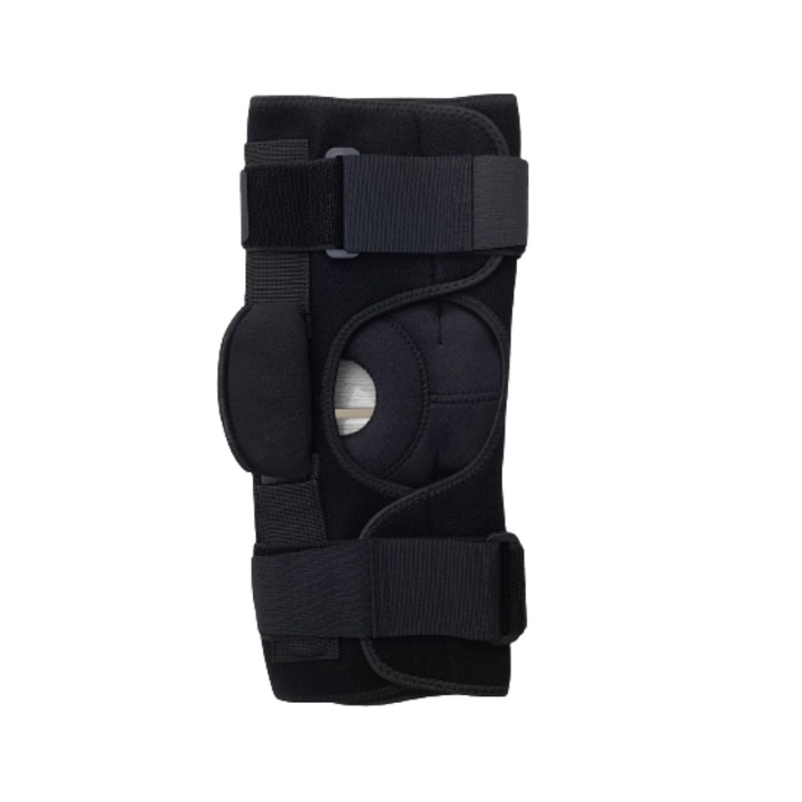 Orteza genunchi mobila, reglabila, cu suport rotula si ligamente, cu atele metalice laterale, L