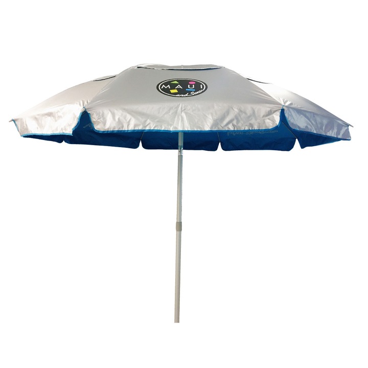 Umbrela plaja Maui&Sons 190 cm, UltraLight, rabatabila, protectie UPF50+, husa transport, Argintiu/Albastru, 190